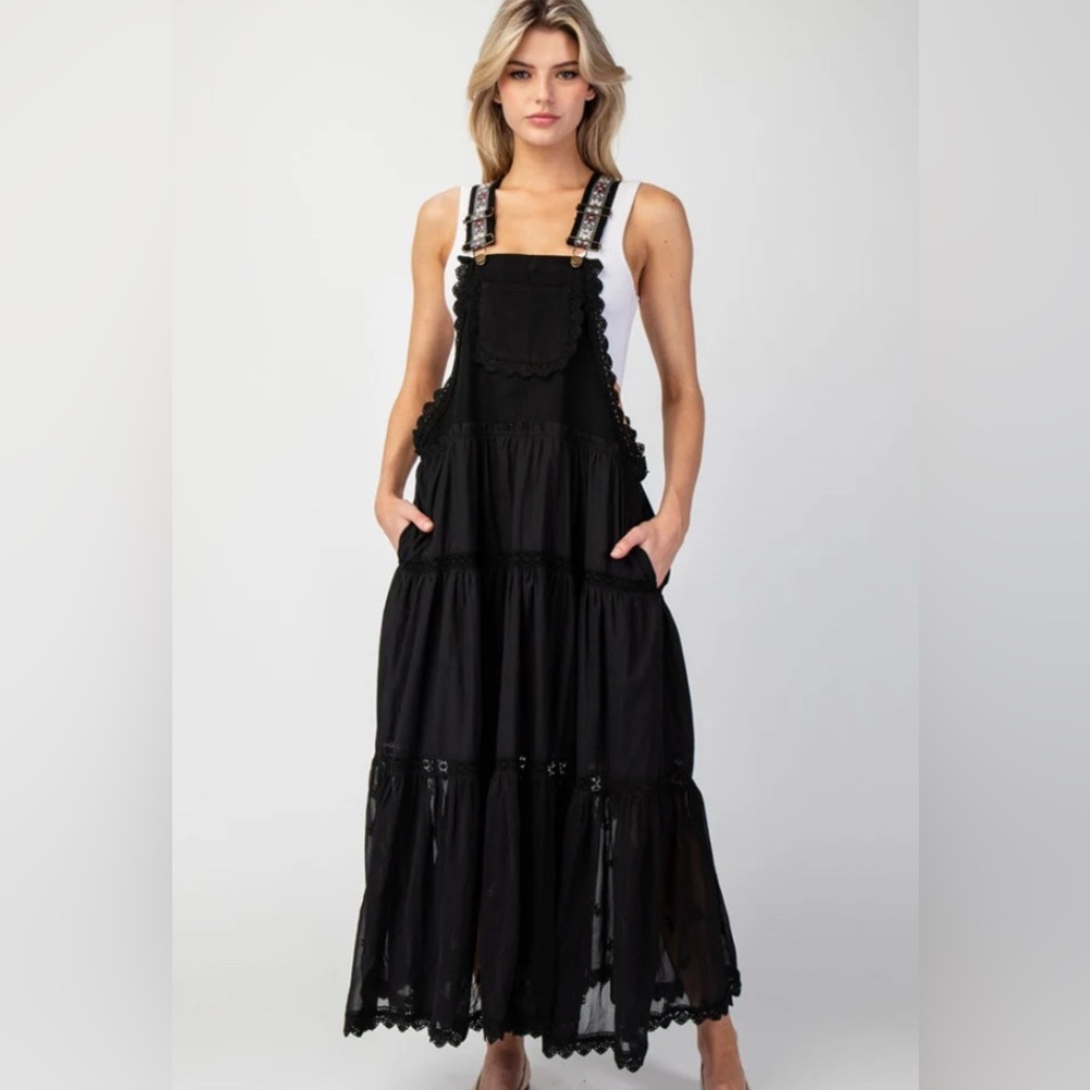 Romantic Suspender Dress Crochet Lace Whimsical Embroidered Black Size Small